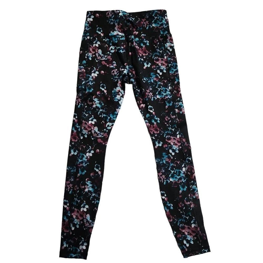 Avia Ladies Black Floral Print Athletic Leggings with Side Pockets - Size Small